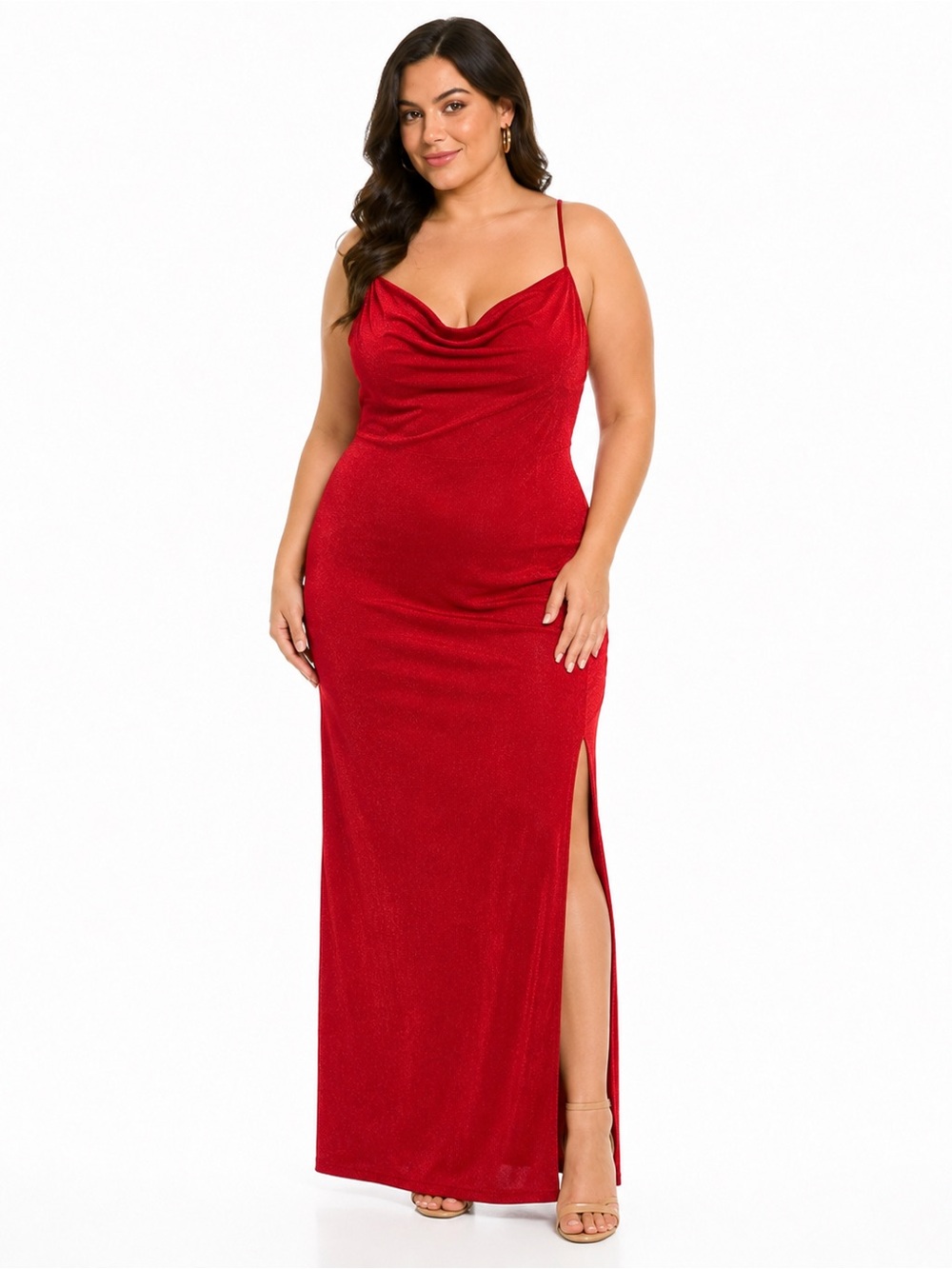 Lena Red Velvet Cowl Neck Maxi Dress Size L Crisscross Back Formal Slit